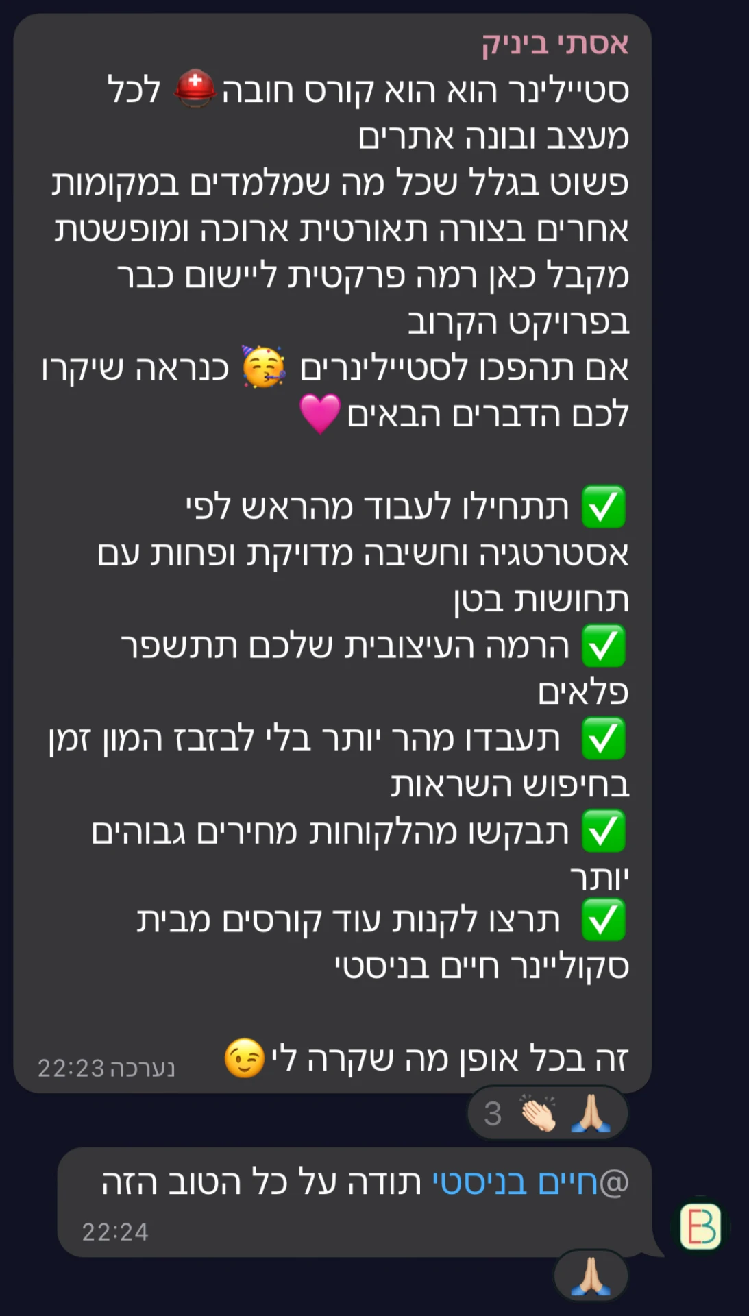 צילום מסך של הודעה מקהילת סטייליינר